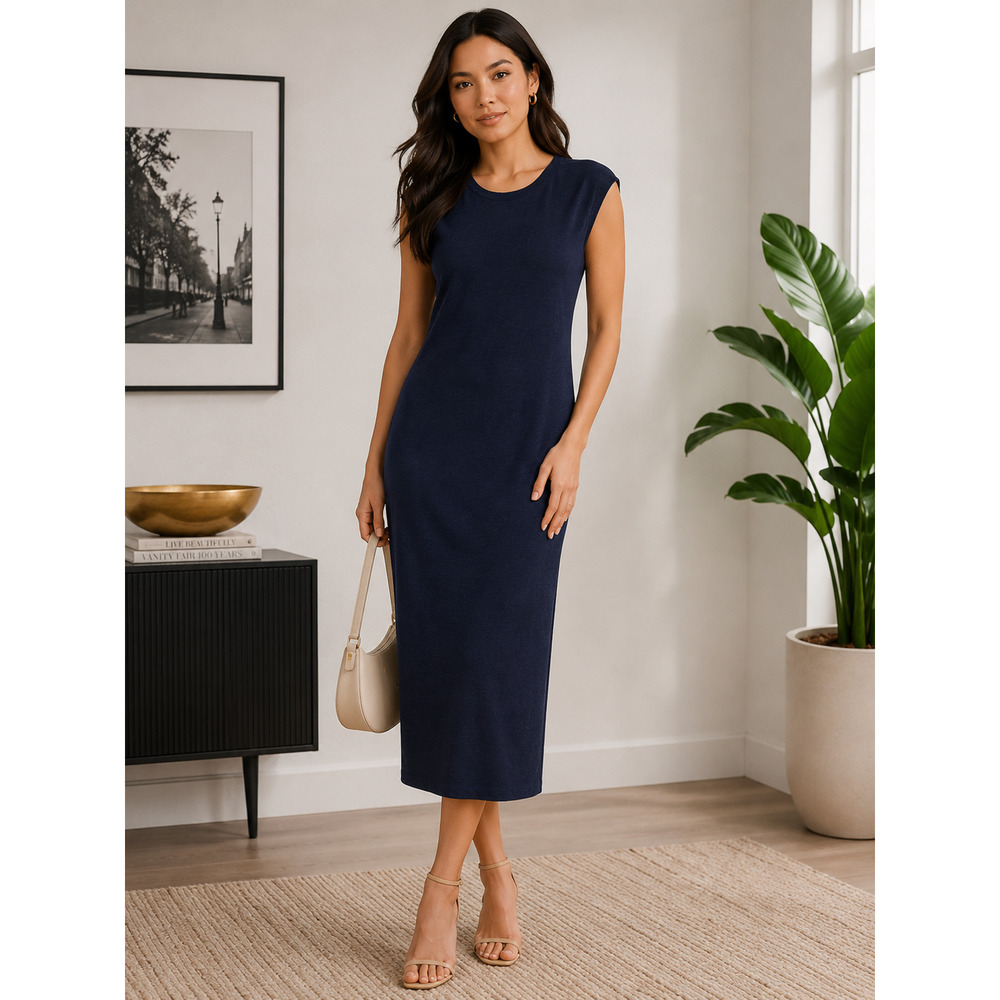 Nicole Miller Ribbed Minimalist Midi Dress Medium Sleek Travel Resort Vacation M